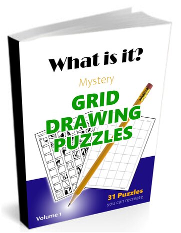 The cover of a PDF book titled "What Is It? - Mystery Grid Drawing Puzzles" with the subtitle "31 puzzles you can recreate," featuring nice graphics and puzzle elements.