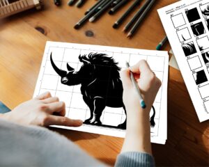 A person sitting at a table with a pencil, finishing a detailed grid drawing puzzle of a rhinoceros by copying the designs from the instruction sheet placed next to the drawing