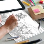 An adult's hands holding a colored pencil, carefully coloring a detailed western-themed coloring page that shows a cowboy on horseback gently herding cattle across a grassy field. The intricate design captures the calm, rural scene.