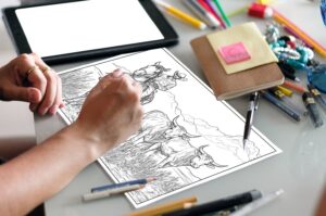 An adult's hands holding a colored pencil, carefully coloring a detailed western-themed coloring page that shows a cowboy on horseback gently herding cattle across a grassy field. The intricate design captures the calm, rural scene.