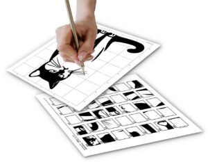 A close-up of a woman’s hand holding a pencil, carefully completing a grid drawing puzzle of a cat. The completed cat drawing is visible above the hand, with the corresponding grid template below it for reference.