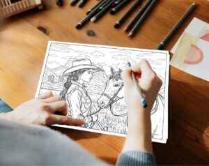 An adult's hands holding colored pencils, carefully coloring a detailed western-themed coloring page. The page features a close-up of a cowgirl wearing a cowboy hat, standing beside her horse and gazing at it, set against a scenic western landscape.