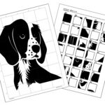 A completed drawing of a dog is displayed on a piece of girded white paper. The drawing is positioned next to a grid drawing puzzle instruction page that provides step-by-step guidance with numbered and lettered squares, along with illustrations showing how to complete the image.