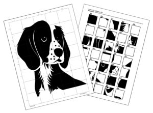 A completed drawing of a dog is displayed on a piece of girded white paper. The drawing is positioned next to a grid drawing puzzle instruction page that provides step-by-step guidance with numbered and lettered squares, along with illustrations showing how to complete the image.