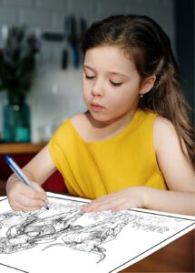 An 8-year-old girl coloring a detailed coloring page that depicts a western scene with a cowboy on horseback chasing a bull. The girl is focused on her artwork, adding color to the intricate design of the cowboy and bull.