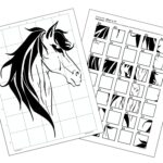 A completed drawing of a horse is displayed on a piece of girded white paper. The drawing is positioned next to a grid drawing puzzle instruction page that provides step-by-step guidance with numbered and lettered squares, along with illustrations showing how to complete the image.