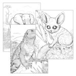 Three detailed coloring pages featuring wild animals of Africa: a Uromastyx lizard, a bush baby, and an African elephant.