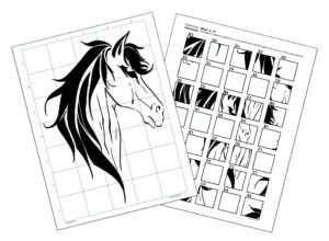 A completed drawing of a horse is displayed on a piece of girded white paper. The drawing is positioned next to a grid drawing puzzle instruction page that provides step-by-step guidance with numbered and lettered squares, along with illustrations showing how to complete the image.