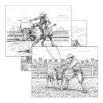 Three detailed coloring pages featuring a cowboy wearing a cowboy hat, boots, and traditional cowboy clothing, riding a bull, and roping it. The pages capture various action shots of the cowboy in different poses as he ropes the bull.