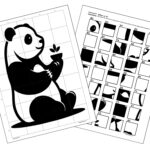 A completed drawing of a panda bear is displayed on a piece of girded white paper. The drawing is positioned next to a grid drawing puzzle instruction page that provides step-by-step guidance with numbered and lettered squares, along with illustrations showing how to complete the image.