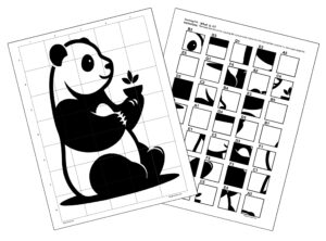 A completed drawing of a panda bear is displayed on a piece of girded white paper. The drawing is positioned next to a grid drawing puzzle instruction page that provides step-by-step guidance with numbered and lettered squares, along with illustrations showing how to complete the image.