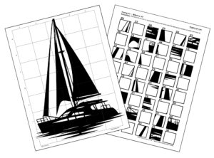 A completed mystery grid drawing pdf printout of a sailboat on a lake, with the grid art challenge template and instructions visible behind the finished artwork.