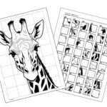 A completed drawing of a giraffe's head and neck is displayed on a piece of gridded white paper. The drawing is positioned next to a grid drawing puzzle instruction page that provides step-by-step guidance with numbered and lettered squares, along with illustrations showing how to complete the image.