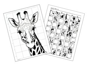 A completed drawing of a giraffe's head and neck is displayed on a piece of gridded white paper. The drawing is positioned next to a grid drawing puzzle instruction page that provides step-by-step guidance with numbered and lettered squares, along with illustrations showing how to complete the image.