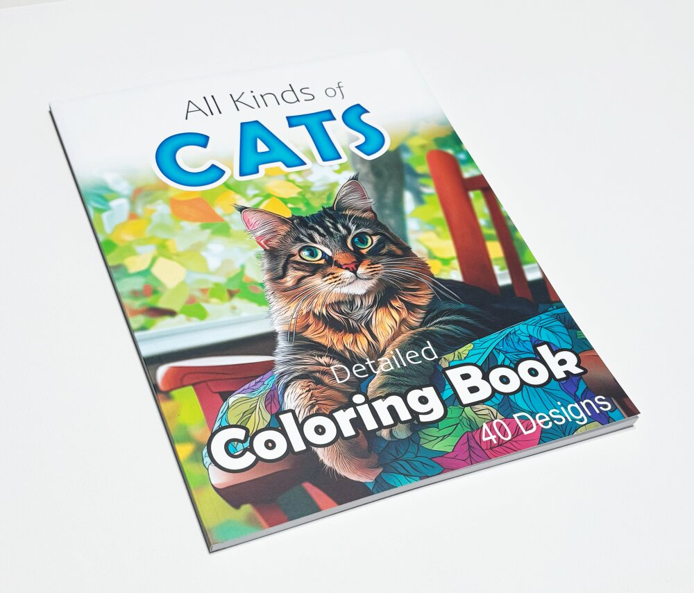 Cover of the “All Kinds of Cats Detailed Coloring Book” PDF, featuring an intricately drawn cat surrounded by decorative patterns, showcasing a variety of feline designs in a fun and artistic style.