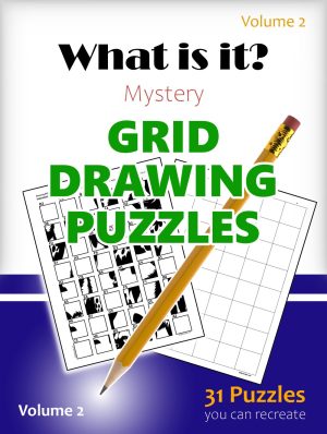Cover of the “What Is It? – Mystery Grid Drawing Puzzles” PDF book, featuring a playful design with a scrambled design and an uncompleted grid inviting users to solve 31 hidden image drawing puzzles.