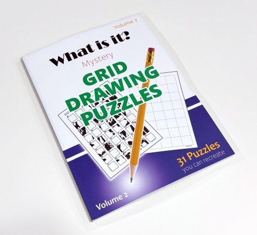 Cover of a puzzle book titled “What Is It? - Mystery grid drawing puzzles volume 2, 31 puzzles you can recreate,” featuring a bold, playful design with pixelated art elements suggesting hidden images to be revealed by solving grid-based drawing puzzles.