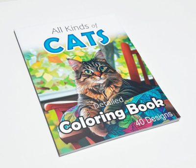 Cover of the “All Kinds of Cats Detailed Coloring Book” PDF, featuring an intricately drawn cat surrounded by decorative patterns, showcasing a variety of feline designs in a fun and artistic style.