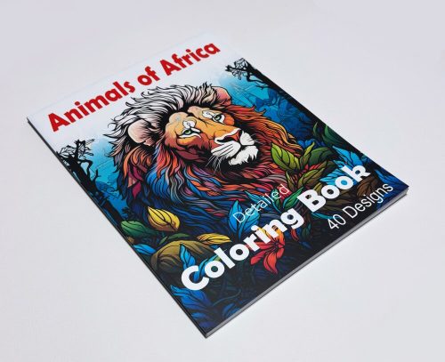 Cover of the “Animals of Africa Detailed Coloring Book” PDF, featuring intricately illustrated African lion, surrounded by decorative patterns, highlighting 40 detailed designs to color.