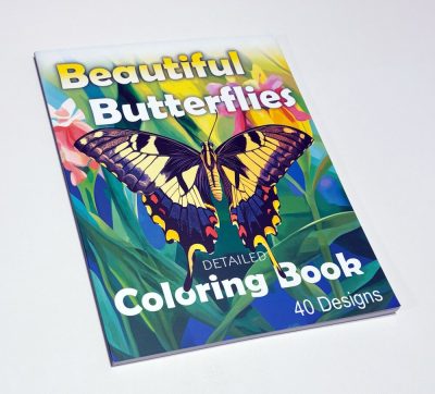 Cover of a PDF coloring book titled "Beautiful Butterflies Detailed Coloring Book," featuring colorful butterfly illustrations and elegant decorative patterns.