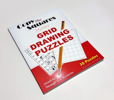 Cover of the “Copy the Squares – Mystery Grid Drawing Puzzles” PDF book, showcasing a fun, interactive design with mystery grid drawings highlighting 30 creative puzzles you can draw.