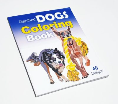 Cover of the “Dignified Dogs Coloring Book” PDF, featuring two intricately illustrated dogs in a regal pose highlighting 40 detailed designs for coloring.