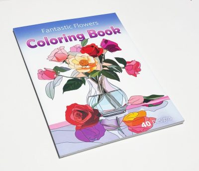 Cover of the “Fantastic Flowers Coloring Book” PDF, featuring an elegant floral arrangement with intricate petals, leaves, and botanical patterns, highlighting 40 detailed flower-themed designs.