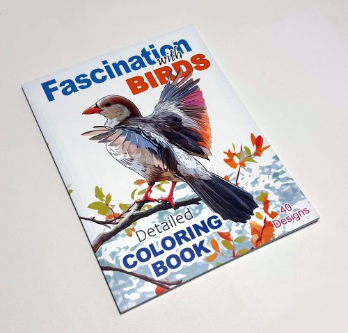 Cover of the “Fascination with Birds Detailed Coloring Book” PDF, featuring a beautifully illustrated bird perched on a branch among leaves, highlighting 40 intricate and artistic bird designs.