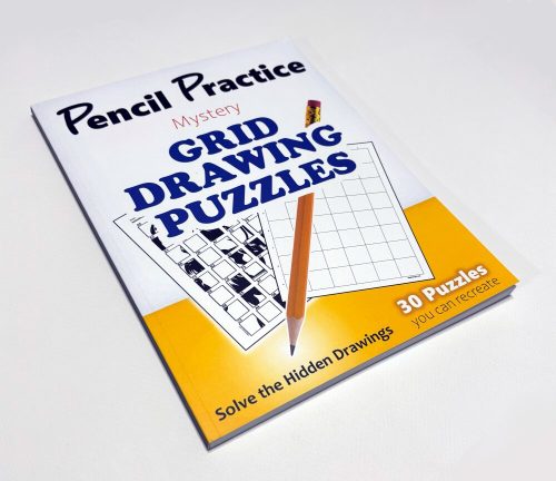 Cover of the “Pencil Practice – Mystery Grid Drawing Puzzles” PDF book, featuring a clean design with a ready to be drawn grid illustration and creative lettering, highlighting 30 hidden image puzzles for drawing and focus.