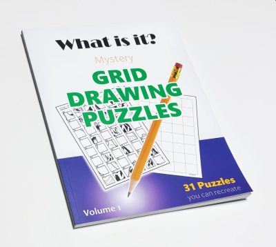 Cover of the “What Is It? – Mystery Grid Drawing Puzzles” PDF activity book, featuring bold text and a teaser image of a ready to complete grid drawing puzzle highlighting 31 recreate-the-image activities.
