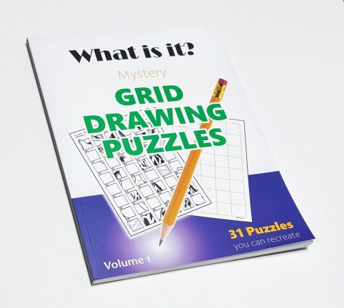 Cover of the “What Is It? – Mystery Grid Drawing Puzzles” PDF activity book, featuring bold text and a teaser image of a ready to complete grid drawing puzzle highlighting 31 recreate-the-image activities.