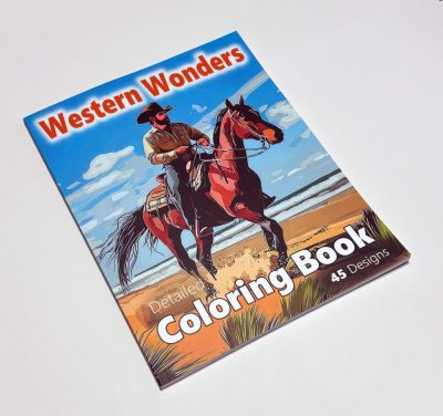 Cover of the “Western Wonders Detailed Coloring Book” PDF, featuring a rustic Western-themed design with cowboy hats, desert landscapes, and intricate wild west elements.